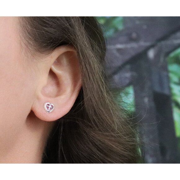 14k Yellow Gold & White Gold Heart Cross Earrings Stud Post 1/4" Round - Picture 2 of 9